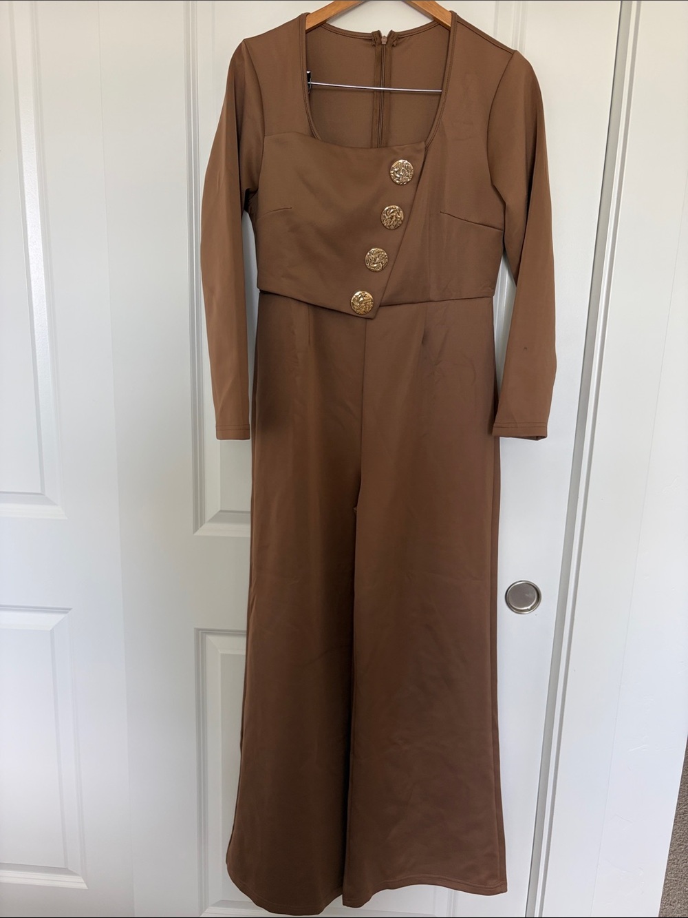 Elegant Brown Long-Sleeve Wide-Leg Jumpsuit with Decorative Buttons
